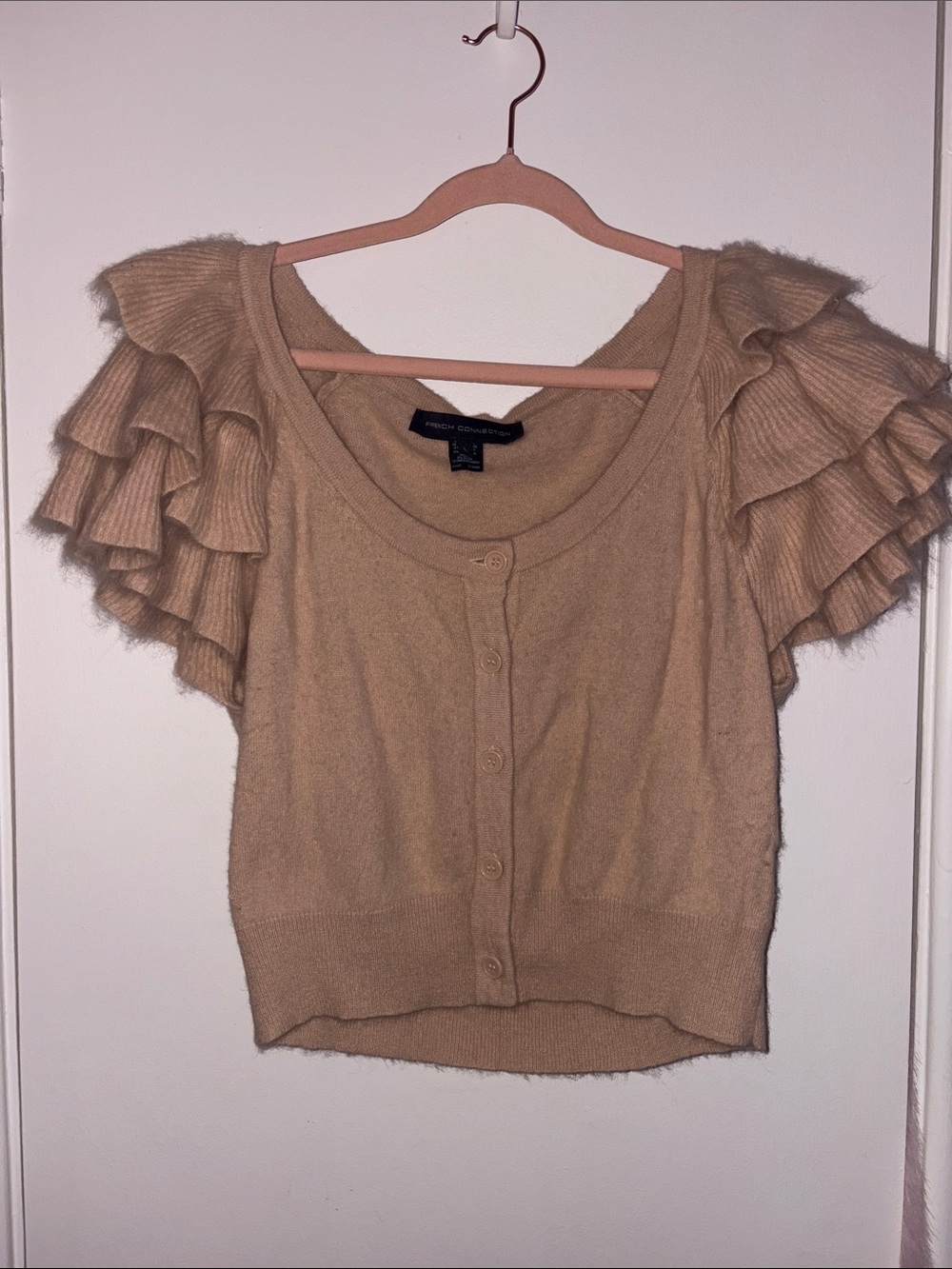 Vintage French Connection Tan Ruffle-Sleeve Button-Front Cardigan very soft